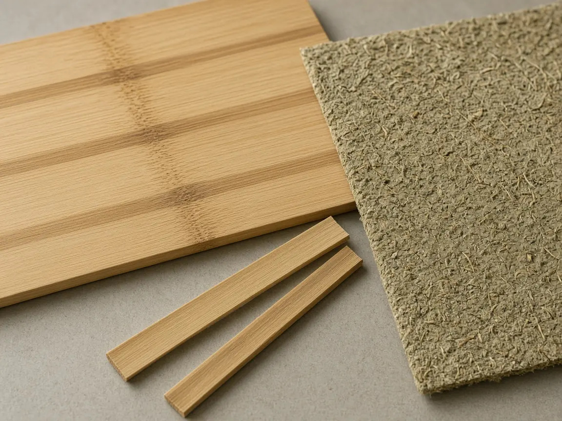 A bamboo panel beside a plant-fiber sheet